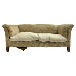 Howard & Sons - Edwardian mahogany framed two seat sofa, upholstered in original H&S foliate patterned fabric with sprung seat and overstuffed back and arms, raised on square tapering supports, the rear leg stamped '19600 1795 Howard & Sons Ltd Berners Street'