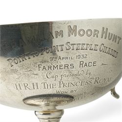  'Bramham Moor Hunt Point to Point Steeplechases' - A two handled silver cup presented by H.R.H. The Princess Royal on ebonised plinth D23cm x H23cm excluding plinth, Birmingham 1931 Maker William Hutton & Sons Ltd