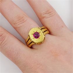 19th / early 20th century 21ct gold gypsy set, single stone round cut ruby ring, ruby approx 0.40 carat