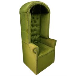 Edwardian style upholstered hall porters chair, arch top, buttoned back