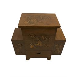 Chinese hardwood cabinet, hinged top over drawer, one side fitted with cupboard and the other side fitted with three small drawers, carved with traditional Chinese scenes