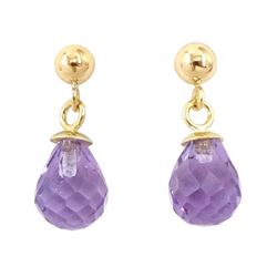 Pair of 9ct gold amethyst pendant earrings, each stud set with a single briolette cut amet...