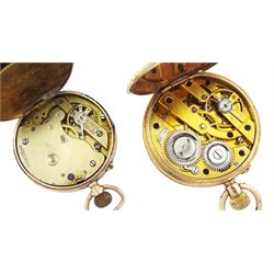 Early 20th century 14ct gold fob watch with a white enamel dial and a smaller 9ct gold keyless fob watch, both with keyless cylinder movements