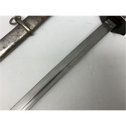 WW2 Japanese Model 1899 Type 32 'Ko' pattern cavalry sword, with 82.5cm single edged, slightly curved blade with narrow fuller, numbered 33825 to the ricasso; steel hilt with chequered backstrap and grip ears with wooden chequered grip and leather finger loop; locking action; in steel scabbard with single hanging ring L99.5cm overall