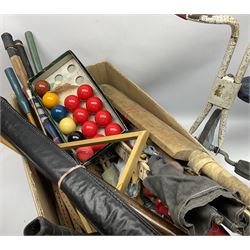 Collection of vintage and later toys, to include table football game with folding legs, tennis rackets, painted metal trike, snooker balls and cues etc