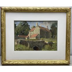 Harry Epworth Allen (Northern British 1894-1958): Stone Farmhouse with Bridge in the Foreground, gouache and pastel signed 23cm x 34cm