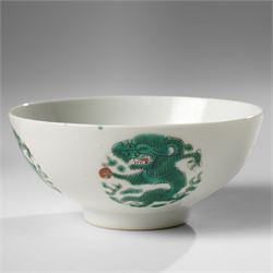 Chinese famille verte dragon bowl, apocryphal Chenghua mark in red to base, D12cm; with another famille verte bowl (2)