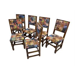 Set six oak high back dining chairs, upholstered in patchwork patterned fabric