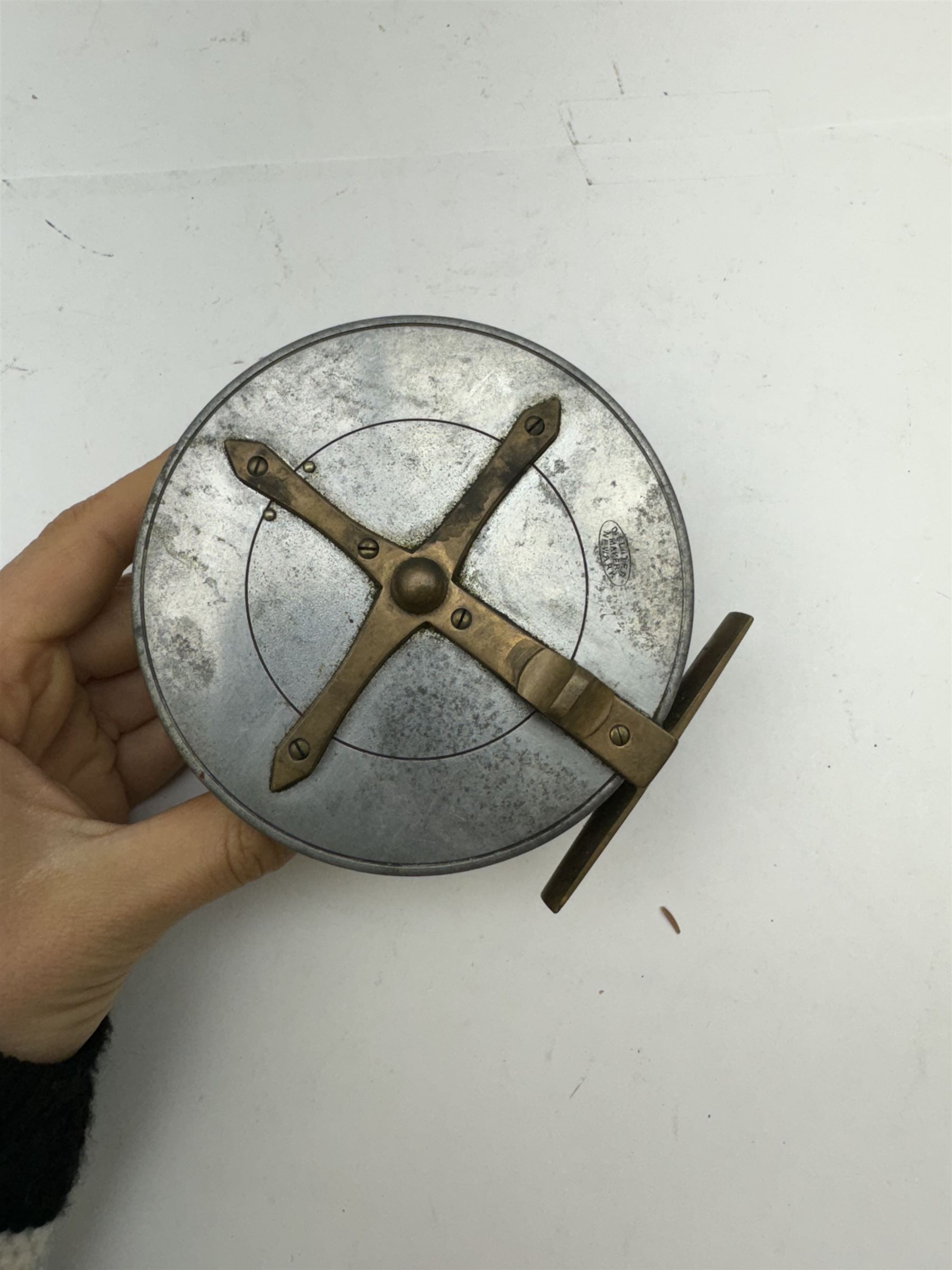 D. Slater, Newark, wood, alloy and brass star-back centre pin reel,  together with three other wooden/alloy reels including Edge Elite, Milbro Pelican and one other 