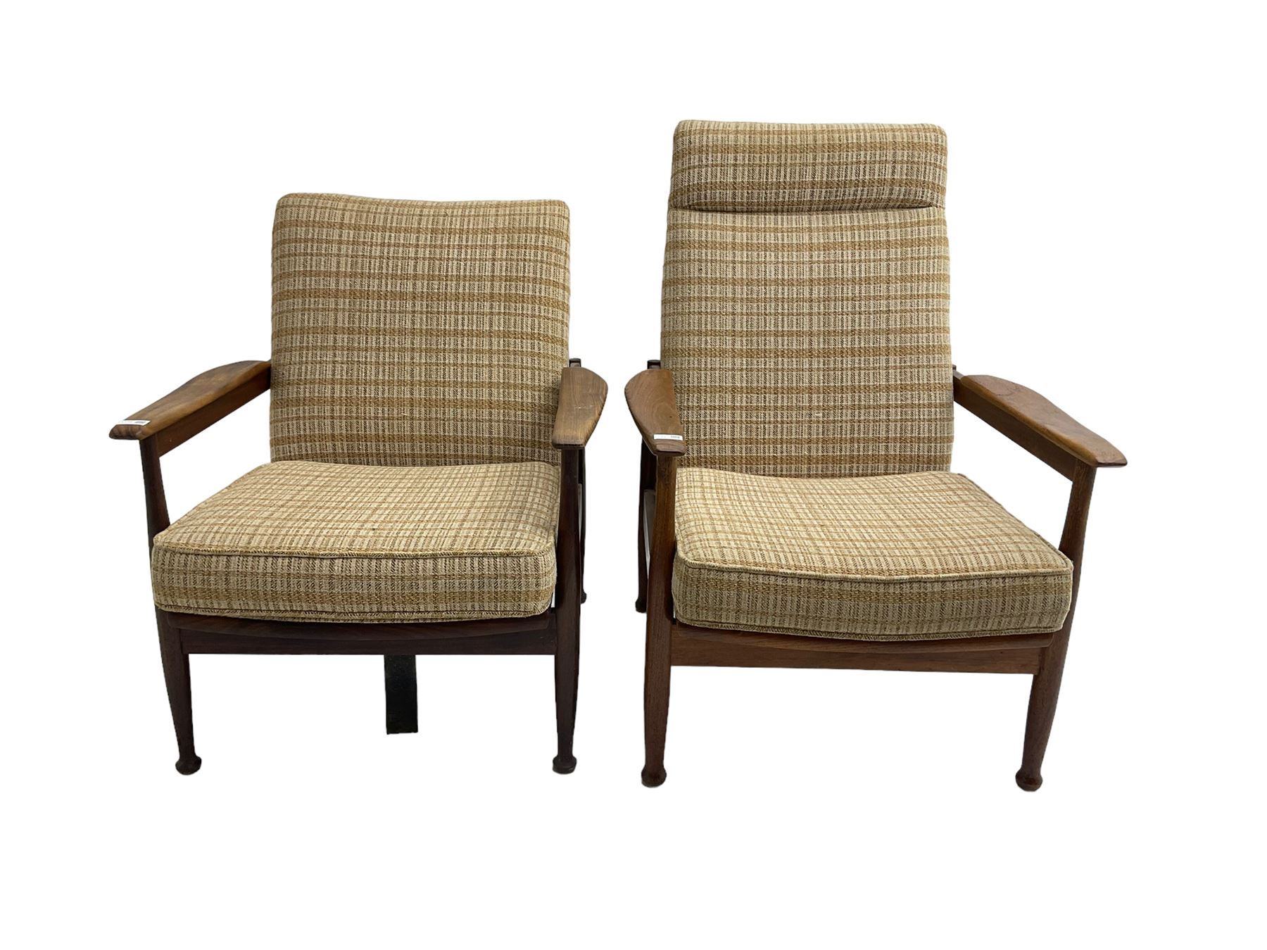 Guy Rogers - pair mid-century 'Manhattan' teak framed open armchairs, upholstered seat and back on turned supports