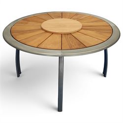 Circular metal framed and teak garden table