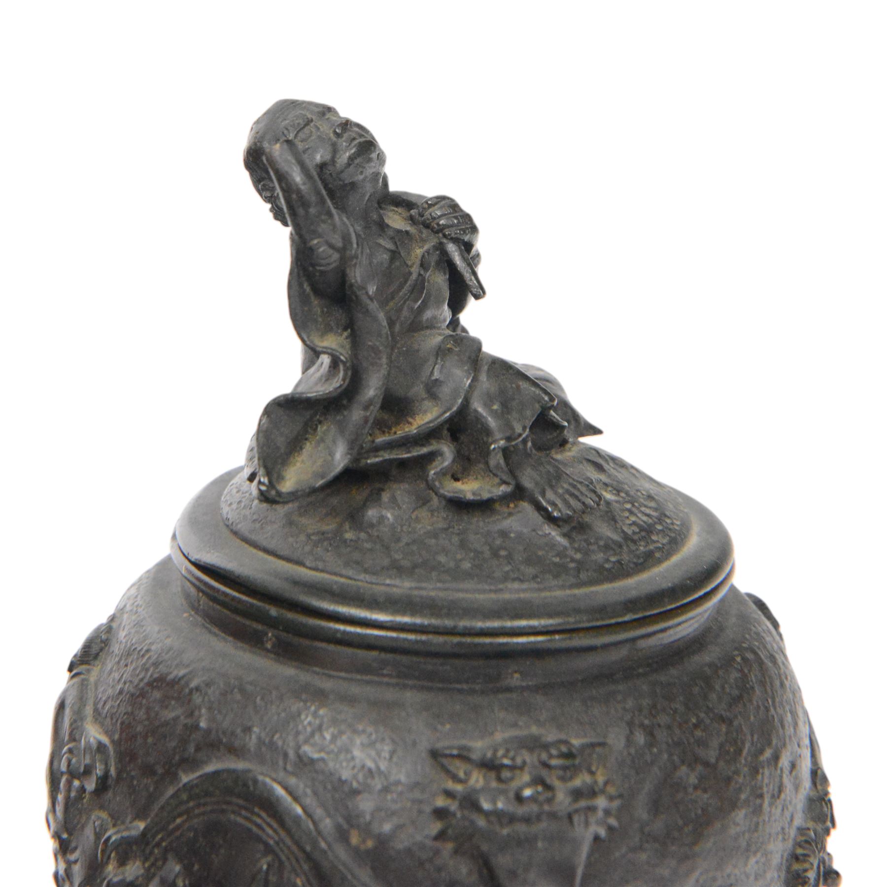 Pair of Japanese bronze koro, raised upon three feet, he body of the koro decorated with figures and animals, the cover mounted with figures, H24cm