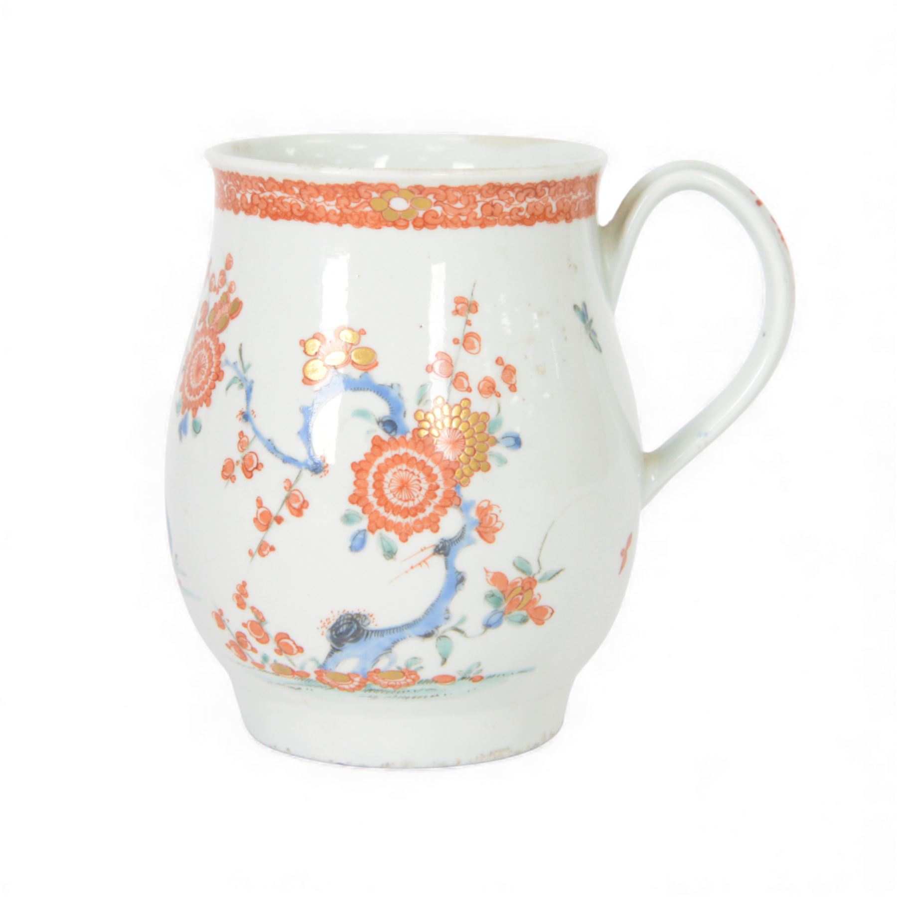 Mid 18th century Worcester mug, circa 1756-1758, of bell form with grooved loop handle, decorated in the Two Quail pattern in the Kakiemon palette with two birds and blossoming prunus trees amongst further flowers, sprigs and insects, bellow an iron red foliate border to rim, H12cm
