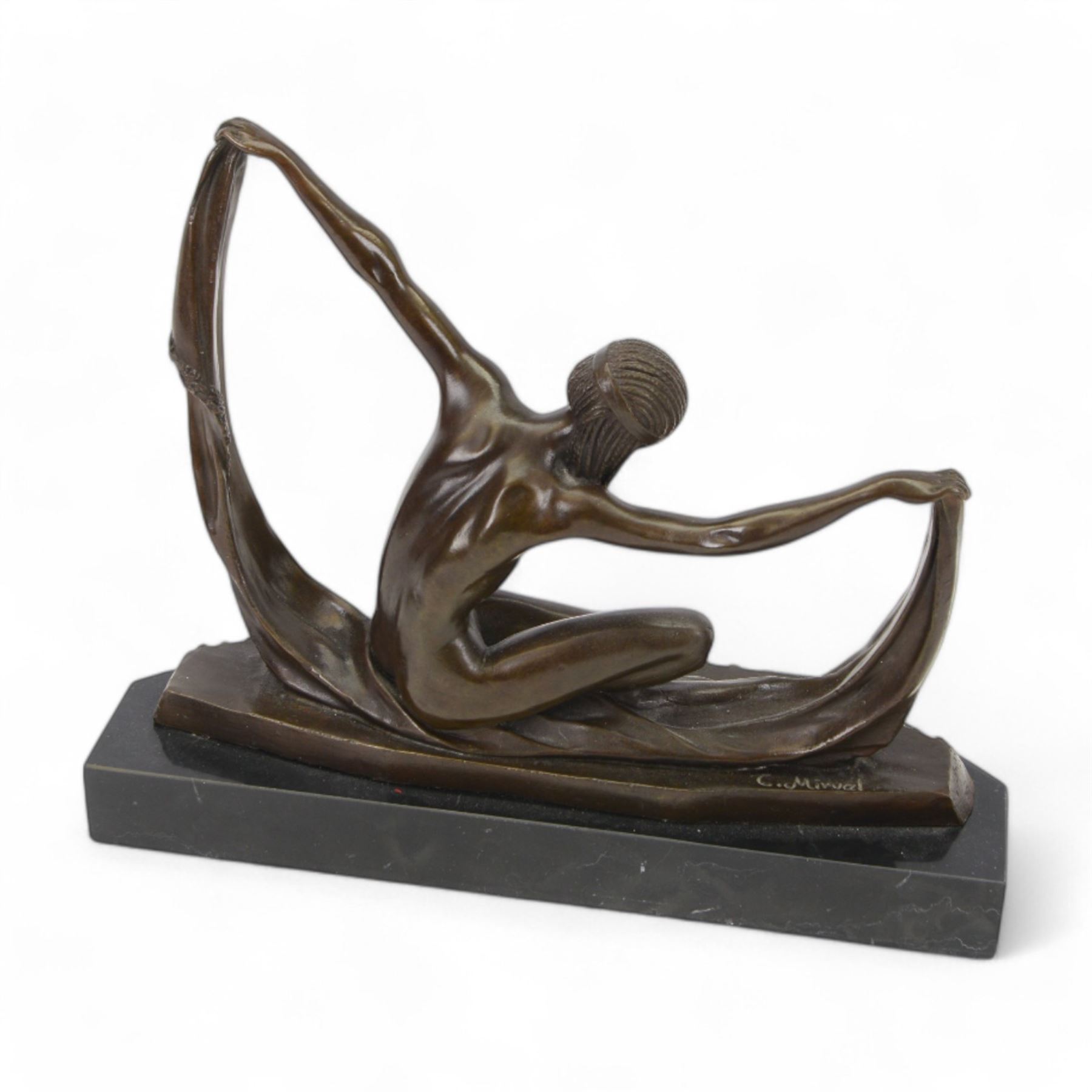 Art Deco style bronze figure of an Egyptian female after Claude Mirval, with signature to base, upon a black marble plinth, H23cm