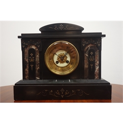  Victorian black slate and marble mantle clock with gilt engraved decoration, twin train movement striking on coil, W33cm  