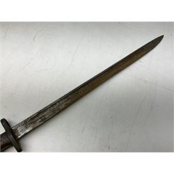 British Pattern 1907 bayonet with 43.5cm fullered steel blade; in leather scabbard with webbing frog L58cm overall; another Pattern 1907 bayonet lacking scabbard; and British Pattern 1888 Mk.I bayonet by Wilkinson London (no scabbard) (3)