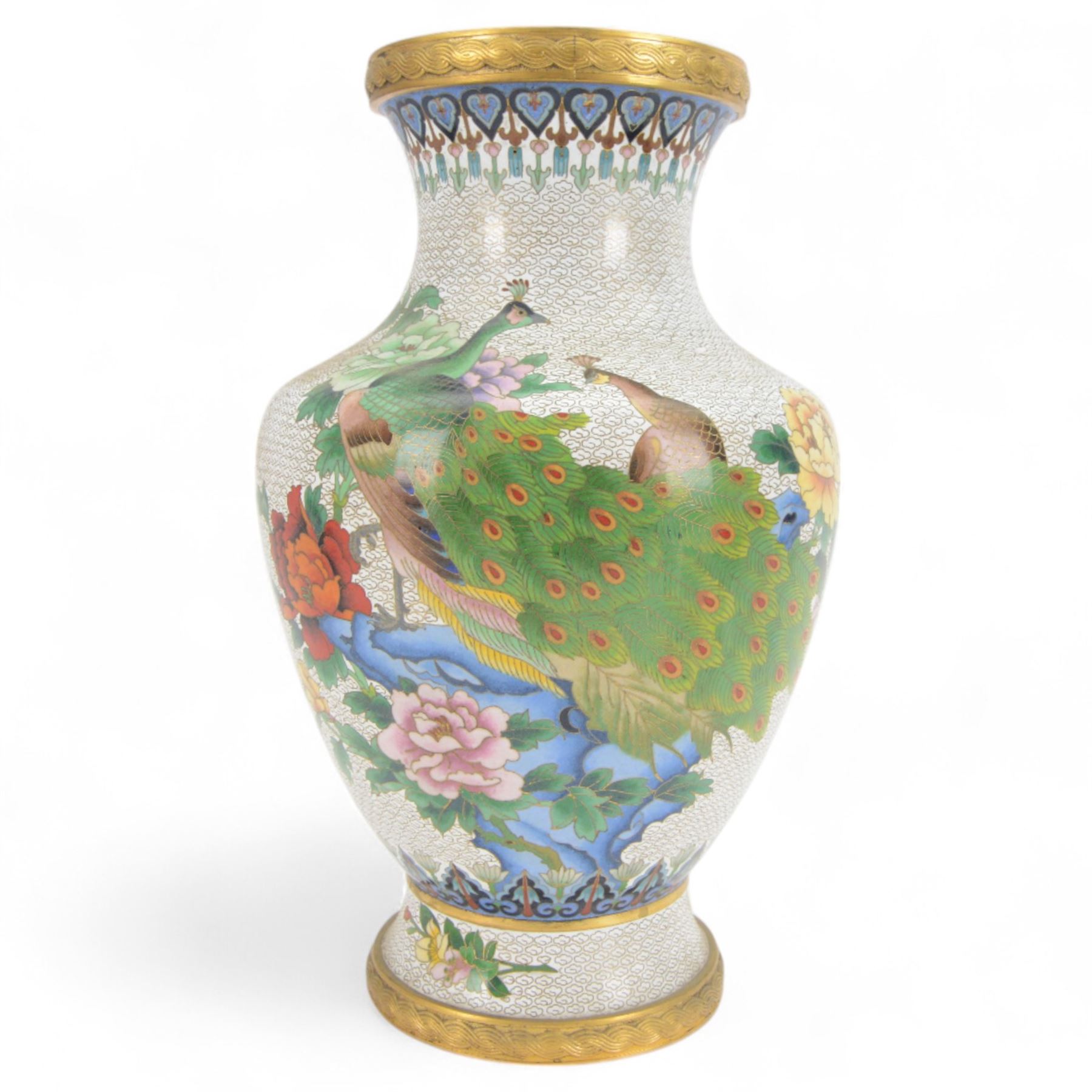20th century Chinese cloisonné vase, of baluster form, decorated with two peacocks amongst peonies on a white cloud pattern ground, H38cm 