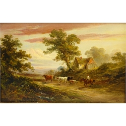  'A Cow Herd Returning Home', oil on board signed by Henry Earp Snr. (British 1831-1914) 20cm x 31cm   