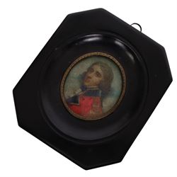 20th century four framed miniatures of gentlemen, in traditional dress, each within a black frame, H13cm