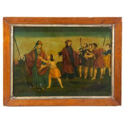 Four mid-19th century reverse glass mezzotints, 'Joseph sold by his brethren to the Ishmaelites' 'St Luke' 'St John' and 'St Matthew', 34cm x 24cm (4)