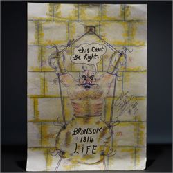 Charles Bronson (Charles Arthur Salvador) (British 1952-): A comprehensive collection of five hundred mixed media works executed between 2000 and 2025. Produced during the artist’s long-term incarceration, the works are primarily in ink, coloured pencil and mixed media on paper. The collection includes multiple formats: A5 (15 works), A4 (308 works), A3 (164 works) and A2 (13 works). Some are signed and dated; a number are executed on the reverse of official prison documents and other repurposed materials, reflecting the limited availability of art materials within the prison environment. This collection represents the largest body of the artist’s work to be offered as a single lot and has not previously been available on the market. (500) (unframed)

Notes: Dated examples span the period from 2000 to 2025, with the greatest concentration produced between 2012 and 2019 and including a group of recent large-scale works from the final years of the period; approximately twenty percent are undated.