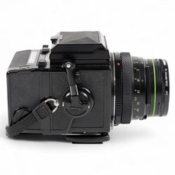 Zenza Bronica ETRS medium format camera, serial no. 8301079, with Zenza Bronica Zenzanon EII 1:2.8 f=75mm lens with lens cap, serial no. 7955198 and two film backs and instruction booklet
