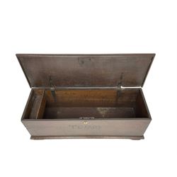 18th century oak sword chest or coffer, hinged lid with moulded edge and iron fittings concealing candle box and main compartment, the front with studwork spelling 'TC 1750', raised on bracket feet