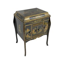Early 20th century Chinoiserie lacquered gramophone cabinet, the lid decorated with raised gilt work, traditional landscape and figural scenes, fitted with 'Apollo' 'No. 114' gramophone, cupboards below, on cabriole supports