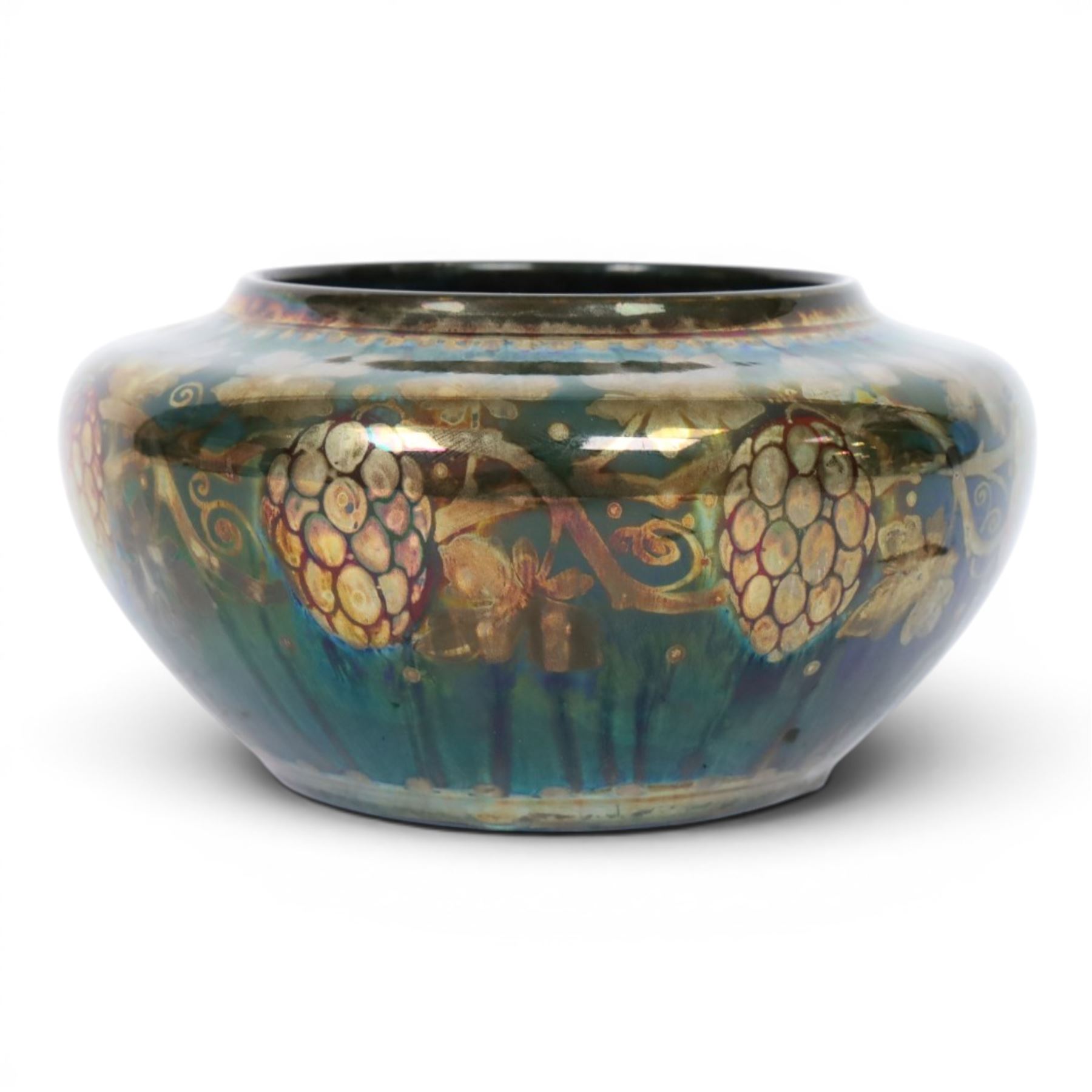 Richard Joyce for Pilkington, Royal Lancastrian lustre vase, of squat form, decorated with grapes and vine leaves, with impressed marks beneath, H9cm