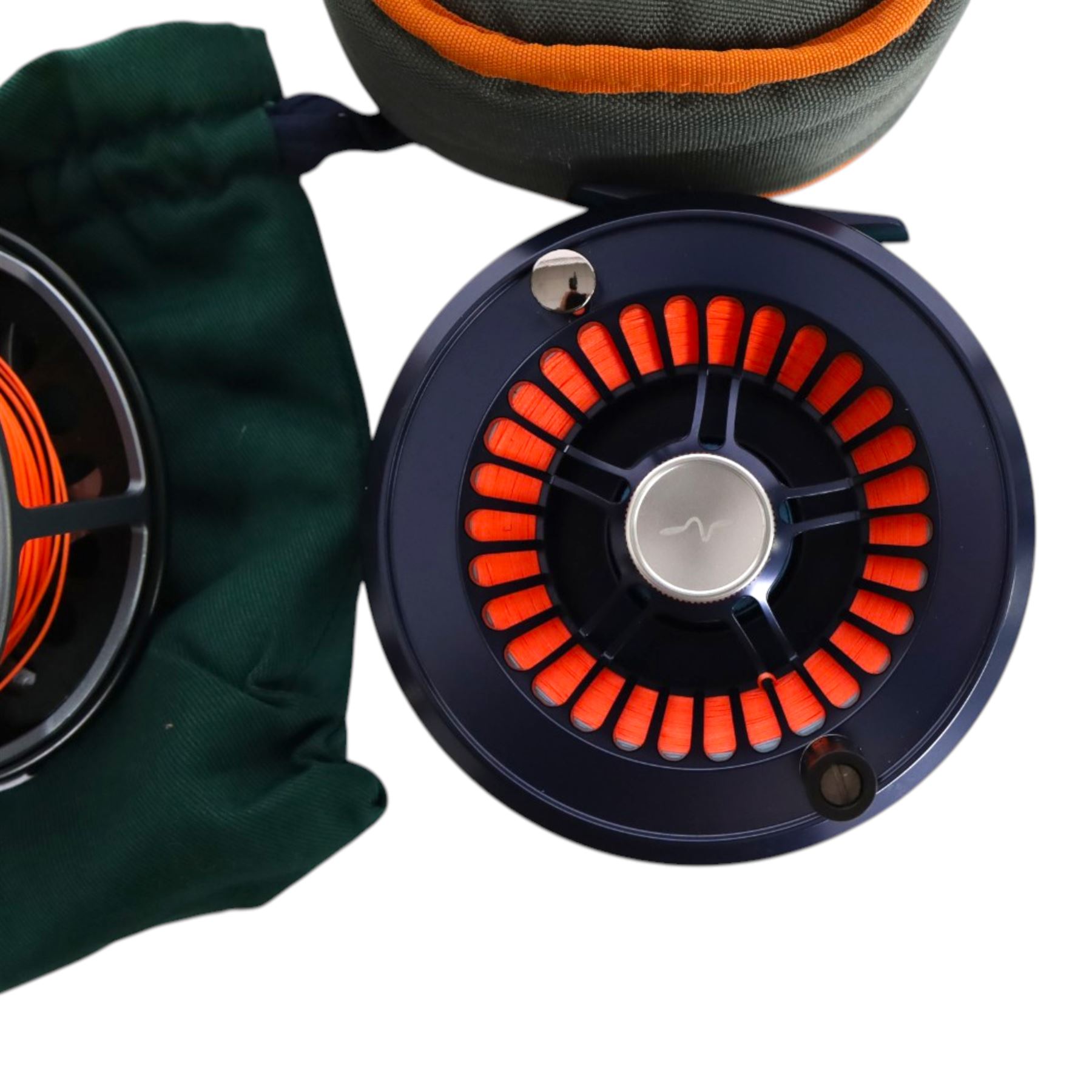 Three fly fishing reels, comprising The Fly Reel Company Limited Reel Britannia RB1 reel, Ross Reels Momentum 6 and a Vosso HD 911, all within pouches