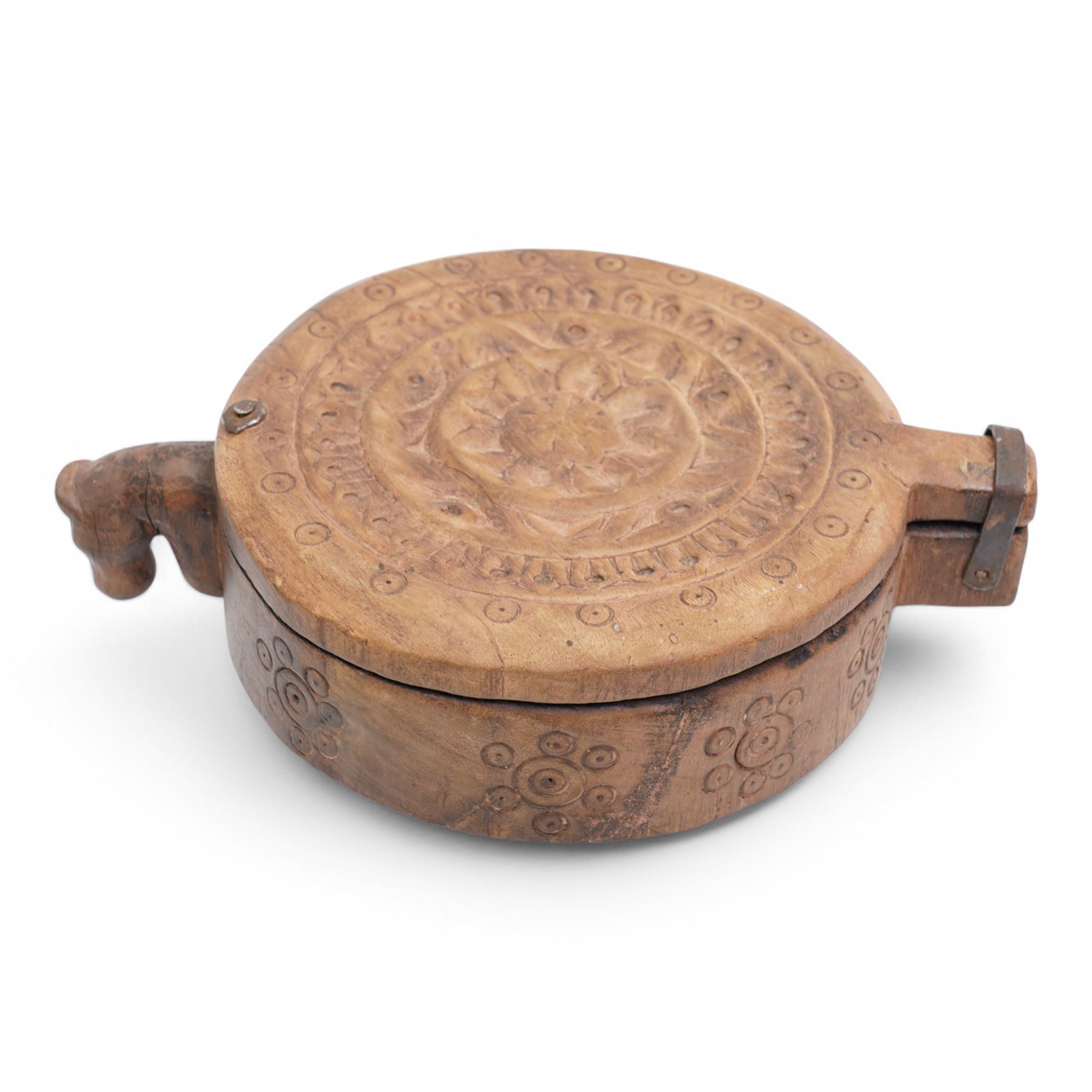 Two Indian carved hardwood boxes with covers largest D28cm 