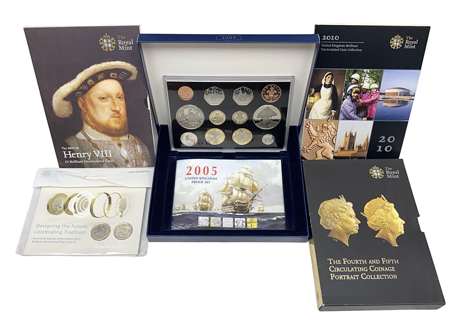 The Royal Mint United Kingdom 2005 proof coin set, with certificate, 2009 'Henry VIII' brilliant uncirculated fine pound coin, 2010 brilliant uncirculated coin collection, 2015 'The Fourth and Fifth Circulating Coinage Portrait Collection', and 'Farewell and Nations of the Crown UK' one pound brilliant uncirculated two coin set, all cased or in card folders