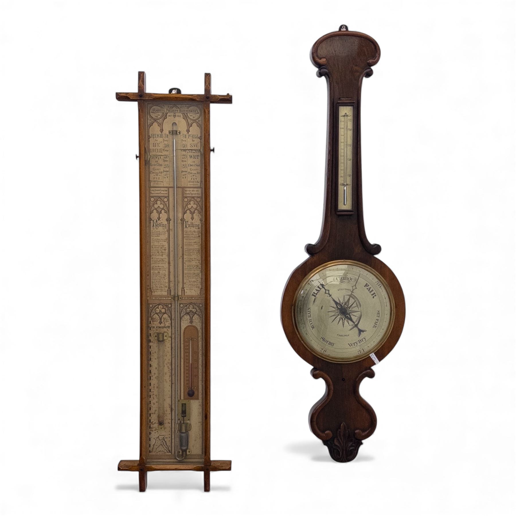 Two mercury barometers, comprising an early 20th-century Admiral Fitzroy storm barometer in an oak case and a late 19th-century carved rosewood wheel barometer with thermometer, 24cm silvered dial signed Atkinson, Carlisle, 17.5x104cm & 109x33cm