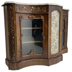 19th century rosewood sideboard, shaped and moulded white marble top over fretwork frieze with fabric backing, enclosed by two curved and glazed doors with carved scroll and flower head mounts, further fretwork uprights and central glazed panel, on a chamfered plinth base 
