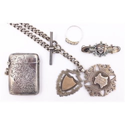  Edwardian silver vesta case by Clark & Sewell Birmingham 1903 on  Albert chain with three medals, heart bar brooch and silver stone set ring all hallmarked approx 3.6oz  