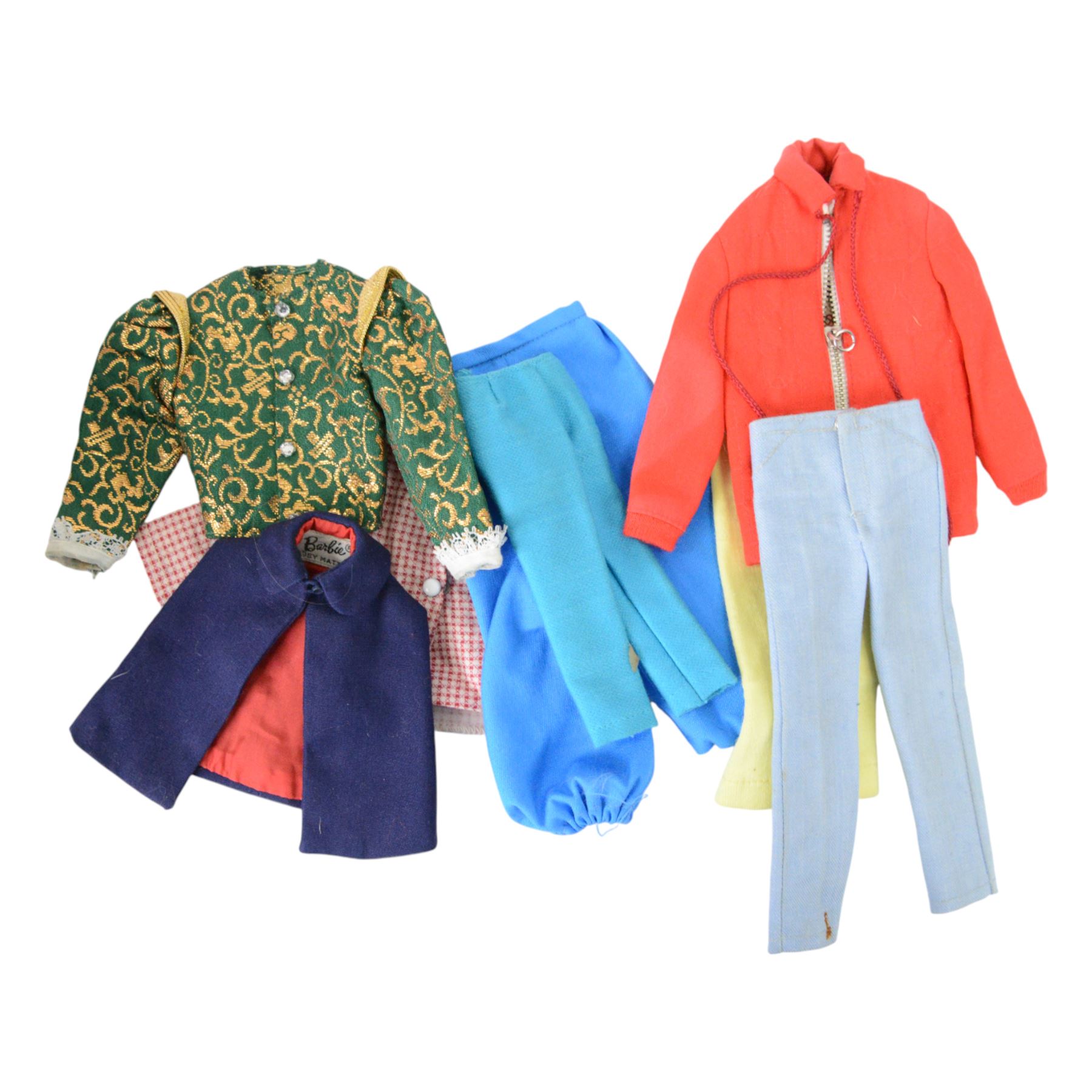 Collection of 1950s/60s Mattel Barbie dolls, including bubble cut Barbie circa 1962, with coral lips, blue eyeliner, red swimsuit and earrings, stamped 'JAPAN' to right foot, Fashion Queen Barbie, in gold and white swimsuit and headscarf, with three different wigs and a Ken doll circa 1961 in red striped shirt and shorts, together with a large quantity of 1960s Barbie and Sindy clothing, two doll stands and booklets