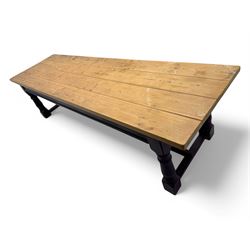 Late 20th century substantial pine refectory table, rectangular four-plank top over an indigo painted base featuring turned supports united by box stretchers