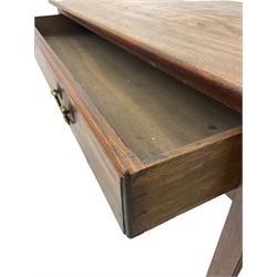 Early 20th century oak side table, rectangular top with rounded edges over single frieze drawer with brass pull handles, raised on square supports