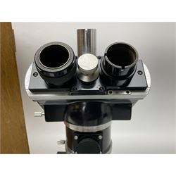 Nikon Microscope Type S-Epi, c.1967, serial no. 85705, with binocular eyepieces, 4 early Nikon objectives electric illuminant, and six slides, all in the original fitted case, with Nikon Semi-Automatic 
Microflex outfit model-EFM, to include EMF body, serial no. 42017, Nikon M35s Darkbox, serial no. 81025, Microflex viewing ocular, Microflex viewing screen cone and four rimless filters 