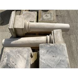 Set of four cast stone architectural columns, tapering form, on square plinth bases