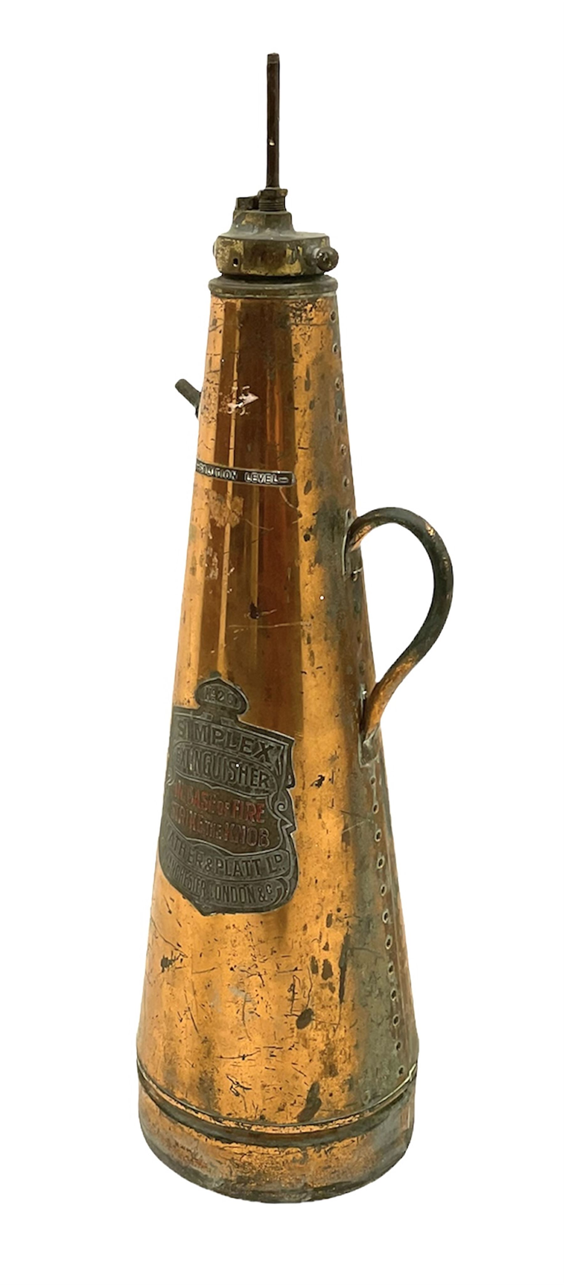 Copper Simplex fire extinguisher of conical form, with riveted body, H73cm