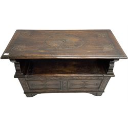 17th century design stained oak monks bench, hinged metaphoric table back, over hinged box seat compartment, the panelled front carved with foliate decoration and lozenges