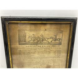 'Doncaster Races 1756' list of runners for the five-day meeting 27th September - 1st October with an engraving of a horse race at the top; printed at Doncaster by N. Nickson for G. Inman by Order of the Founders 33 x 23cm; ebonised and gilt frame