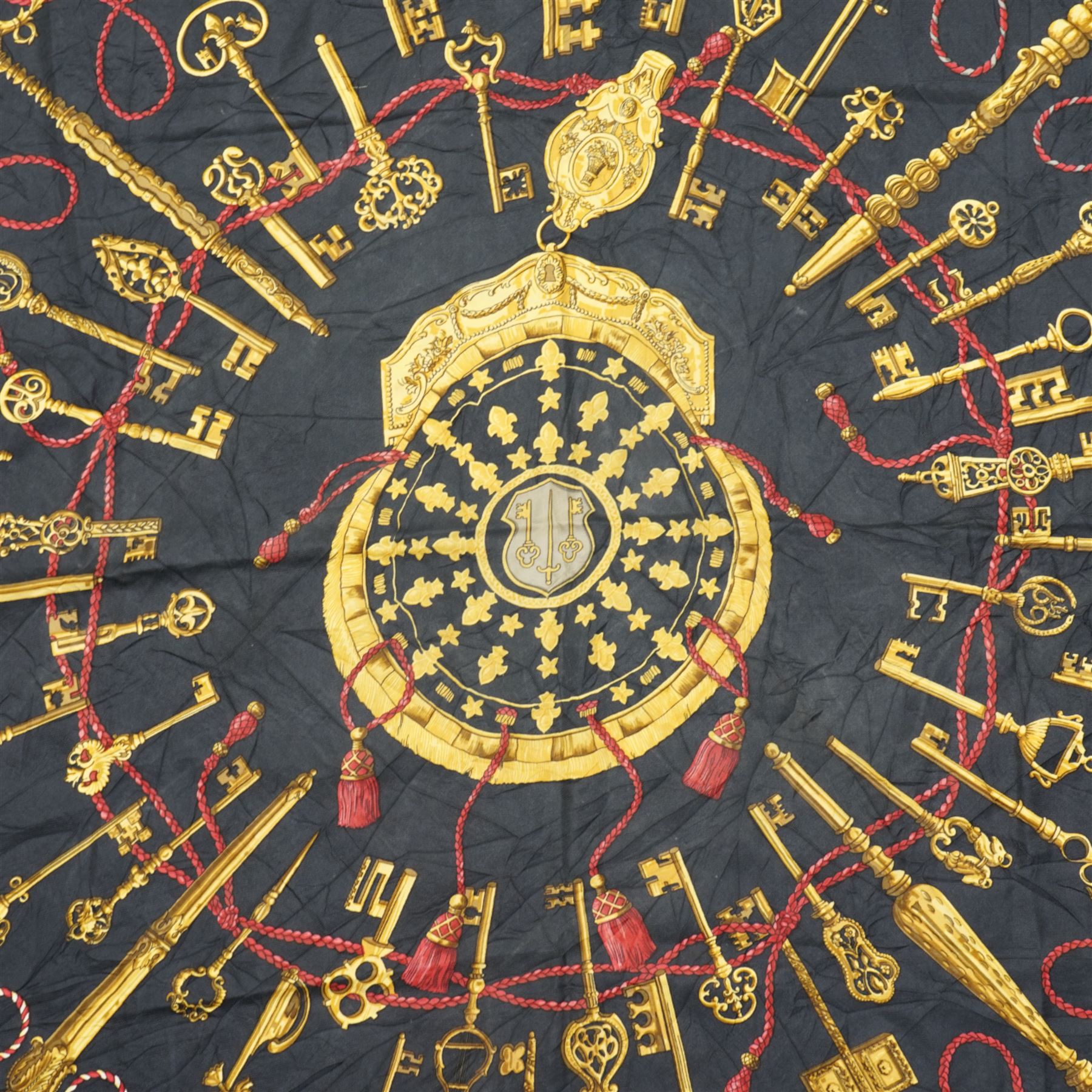 Hermes 'Les Clefs' silk scarf, in the black red and gold colourway, designed by Cathy Latham, 86cm x 86cm