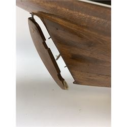 Pond yacht with part black painted mahogany hull and keel, working rudder and mast with three sails W90cm H95cm, loose mounted on mahogany stand