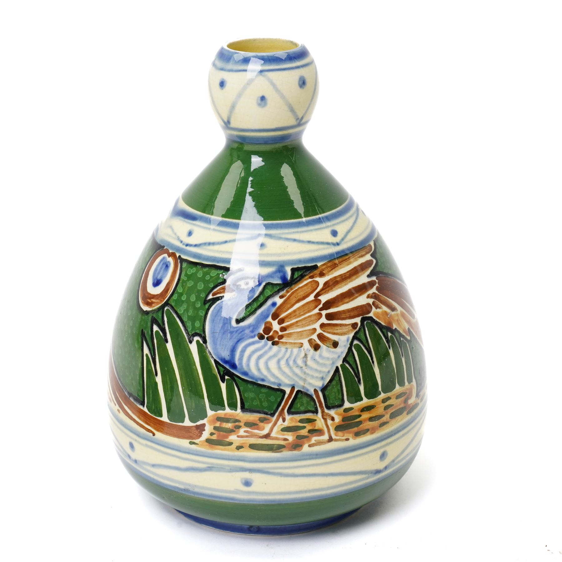 Thomas Forrester & Son Trogon Ware vase, c1920-1930, of baluster form with bulbous neck, painted with a band of peacocks, signed, H21cm; together with a pair of vases designed by James Plant, signed to base, H19cm, a Herman August Kahler (Danish 1846-1917) vase, of elongated form, signed to base, H29cm, and two further vases (6)