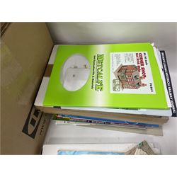 Extensive collection of scratch built buildings for use on ‘00’ gauge model railway layout, small amount of accessories and tools with a quantity of railway magazines and leaflets, in three boxes 