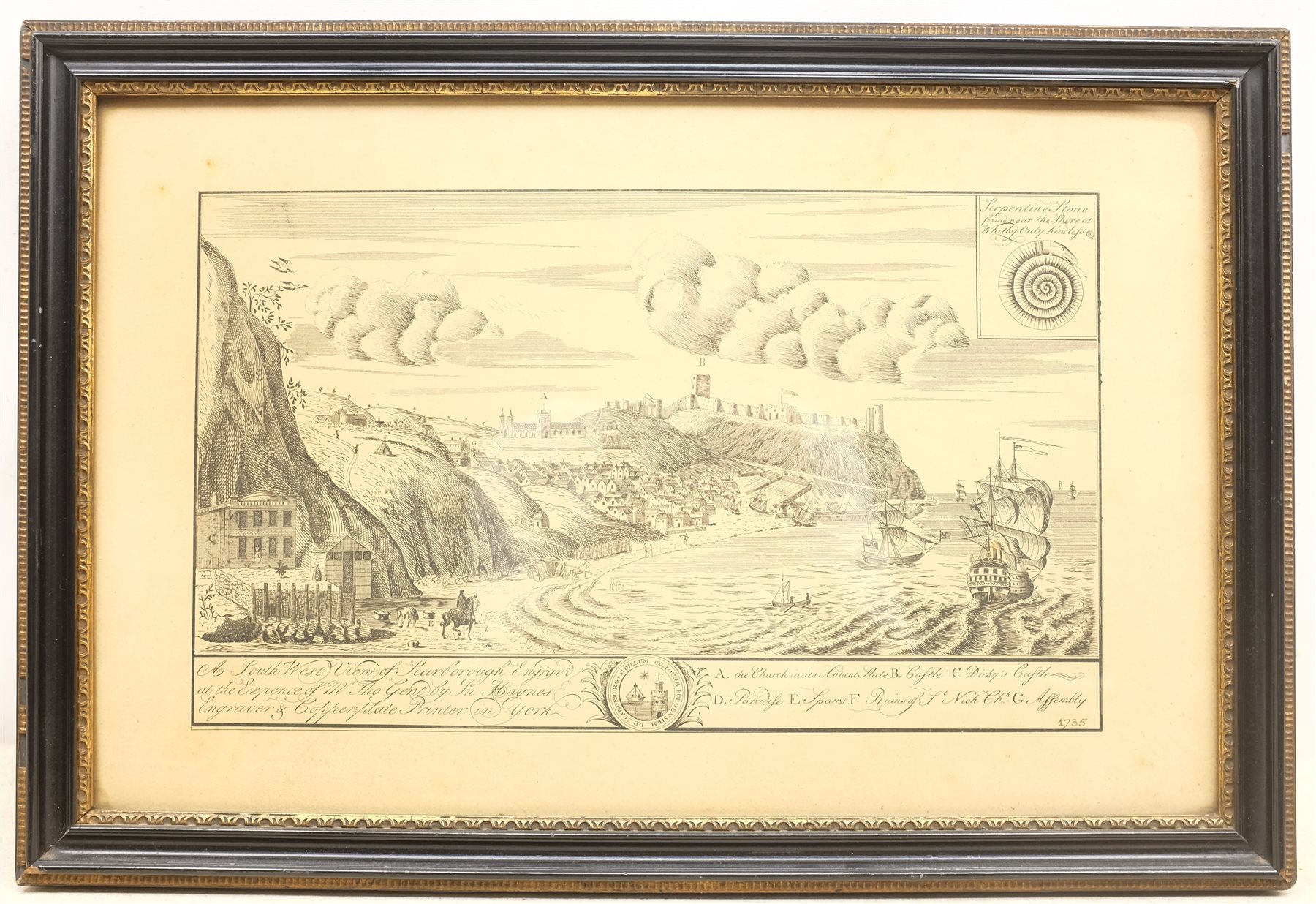 After John Haynes (British fl.1730-1750): 'A South West View of Scarborough', late 19th century engraving in original John Linn & Sons ebonised frame 27cm x 43cm