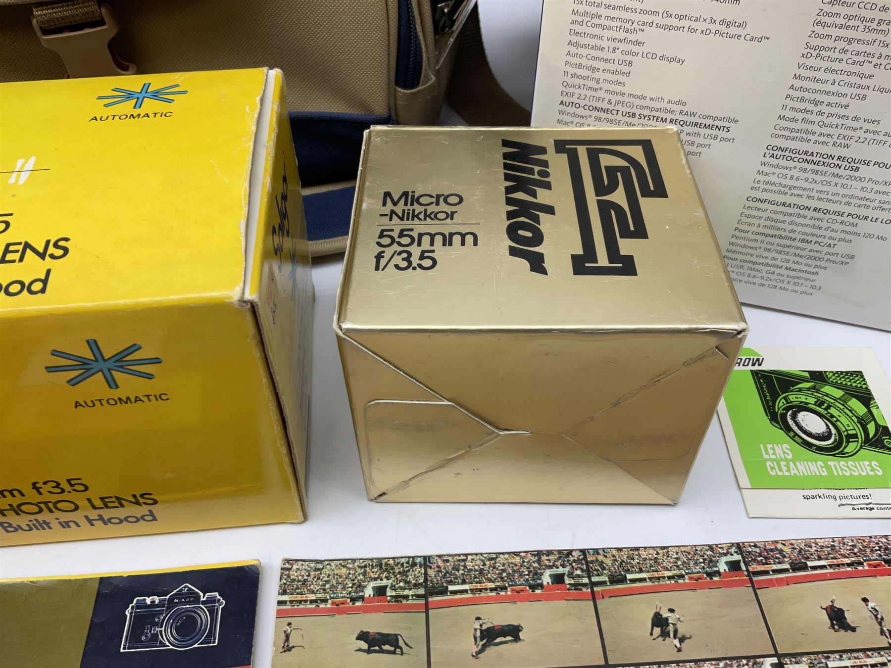 Cameras and accessories including Nikon Nikkormat camera with ‘Nikkor-H 1:2 f=50mm’ lens, Olympus C-8080 wide zoom digital camera, soft case camera bag etc, all untested, in one box