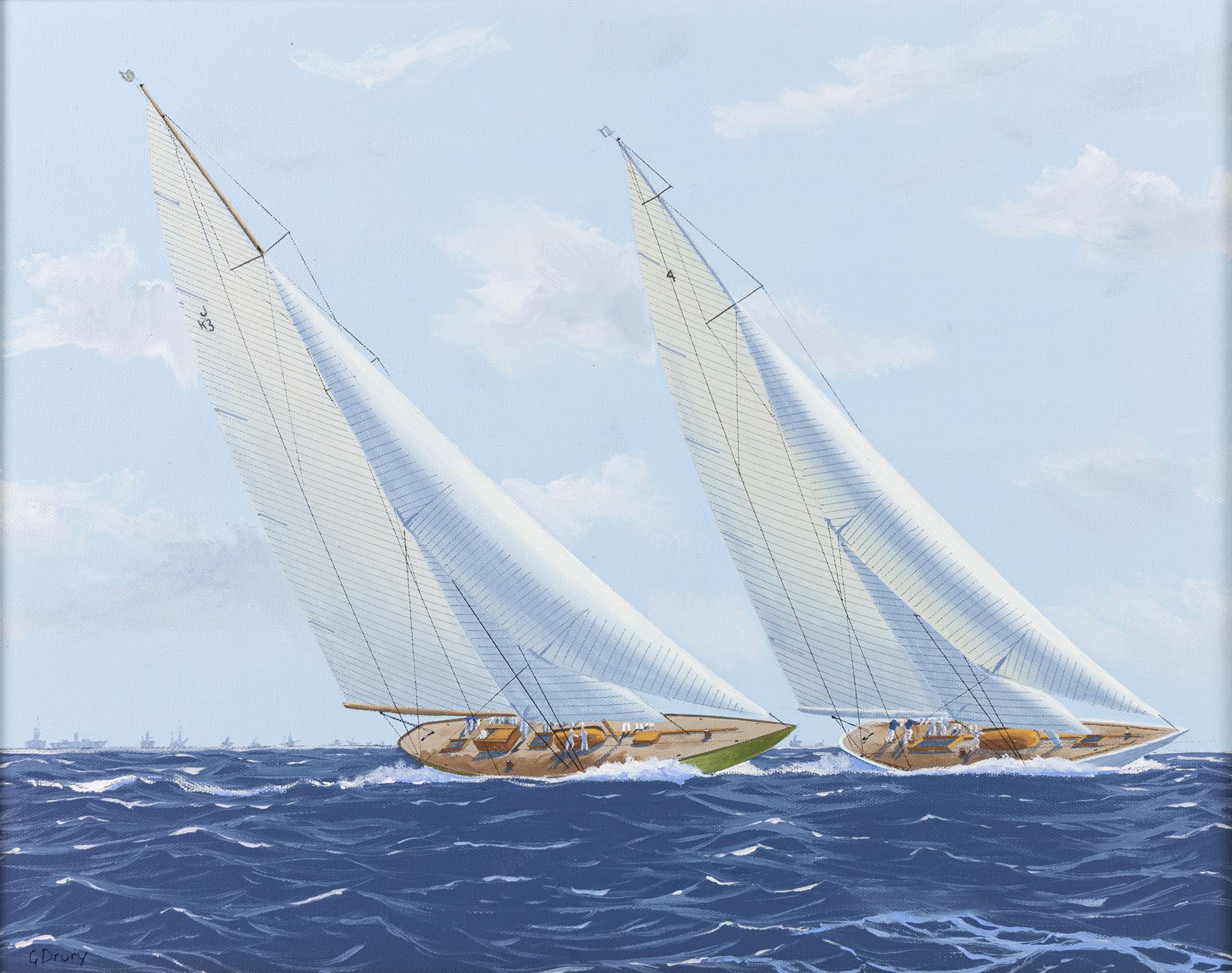 George Drury (British 1950-): 'Shamrock V and Enterprise - Americas Cup 1930', oil on canvas board signed, titled verso 38cm x 48cm